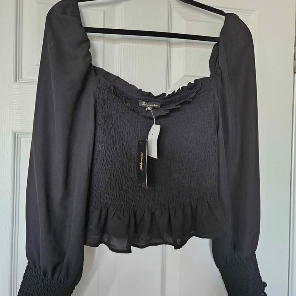 Black Smocked Women's Top - Picture 2 of 3